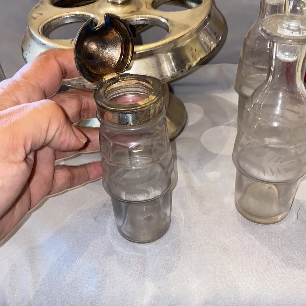 Bx47 5 pc James W Tufts #2928 Antique Castor Cruet Set with (5) frosted bottles